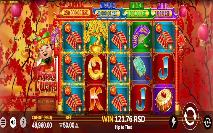 Bonasi za sloti ya kasino iitwayo Happy Lucky.