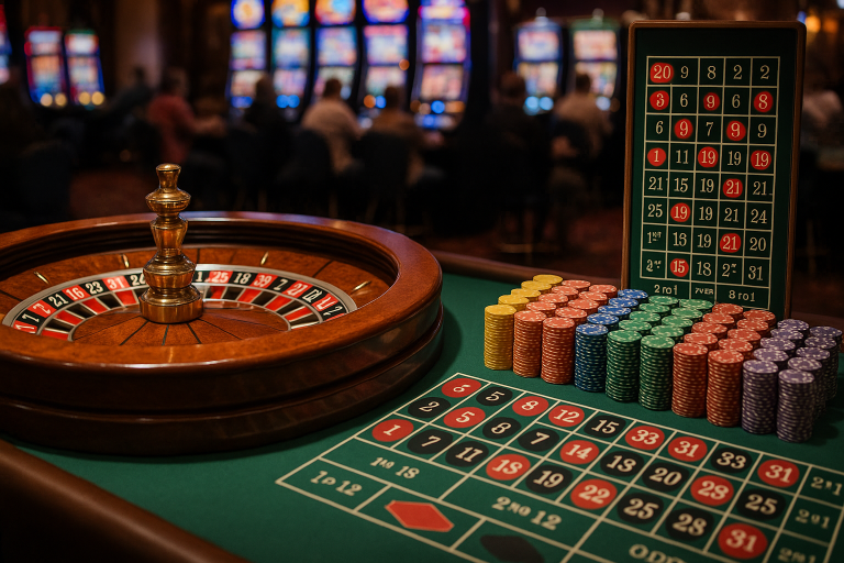 The roulette table and the roulette wheel along woth its chips inside a casino.